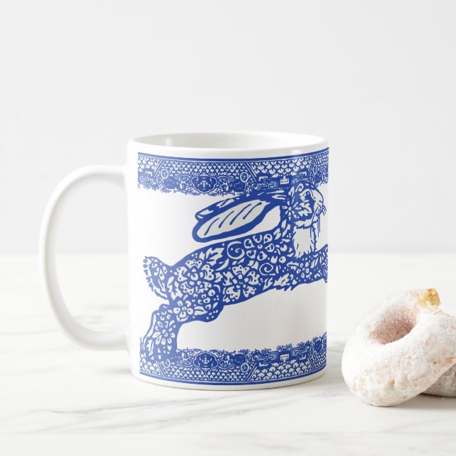 Blue Willow Rabbits Bunnies Floral Whimsical Coffee Mug (With Donut)
