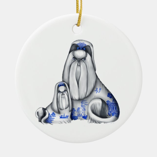 Blue Willow Shih Tzus Ornament (Front)