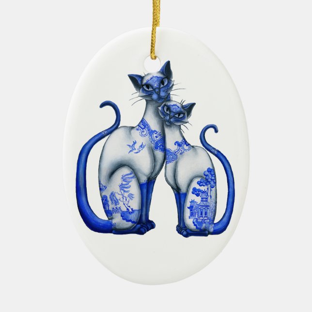Blue Willow Siamese Cats Ceramic Ornament (Front)