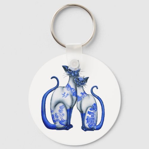 Blue Willow Siamese Cats Keychain