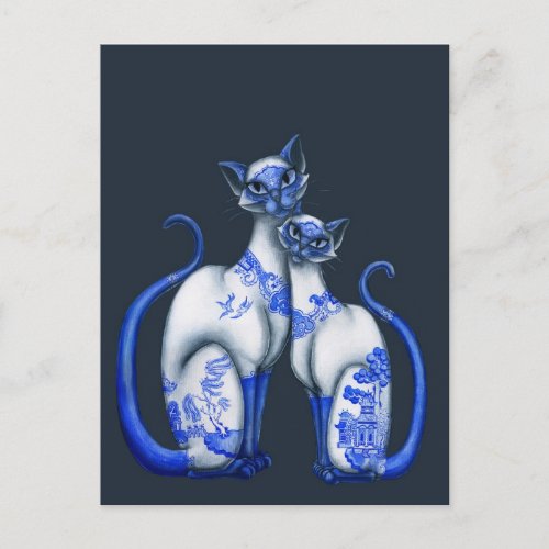 Blue Willow Siamese Cats Postcard