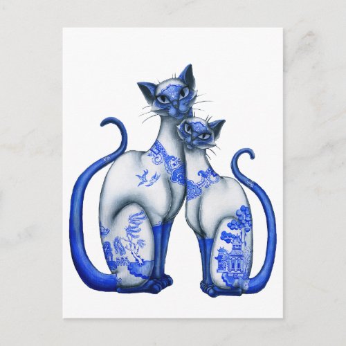 Blue Willow Siamese Cats Postcard