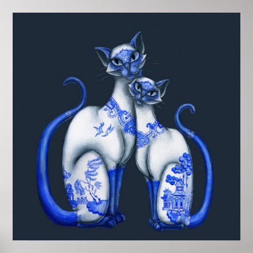 Blue Willow Siamese Cats Poster