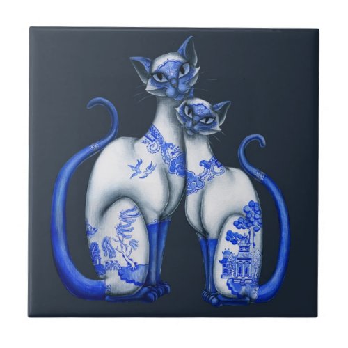 Blue Willow Siamese Cats Tile