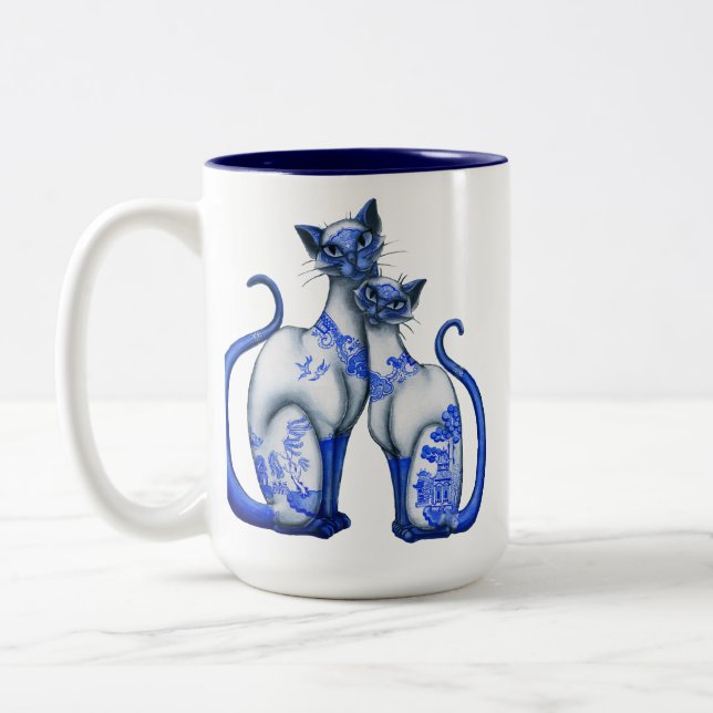 Blue Willow Siamese Cats Two-Tone Coffee Mug (Left)