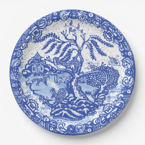 Blue Willow Squirrel Bird Fox Asian Temple Crackle Paper Plates