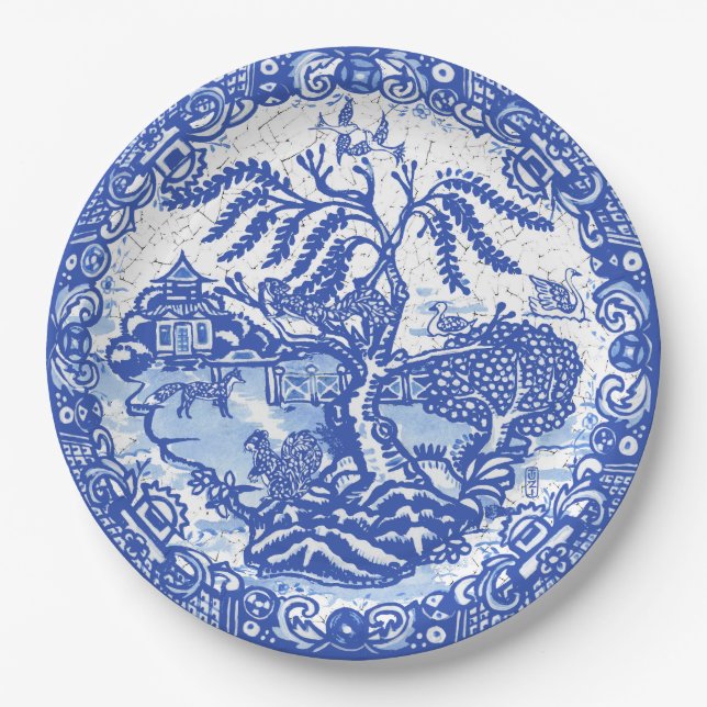 Blue Willow Squirrel Bird Fox Asian Temple Crackle Paper Plates (Front)