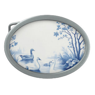 Blue Willow Swans Lake Scene Belt Buckle