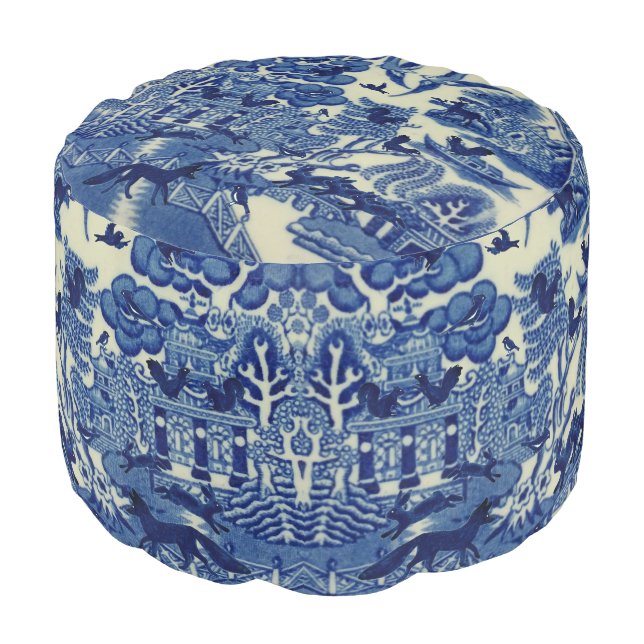 Blue Willow, Woodland Animals Whimsical Fox Rabbit Pouf (Angled Front)