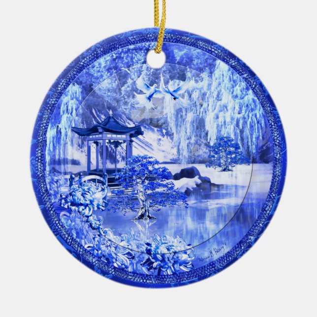 "Blue Willow World" Ceramic Ornament, Original Art Ceramic Ornament (Front)