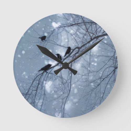 Blue Willowy Snow Crows Round Clock
