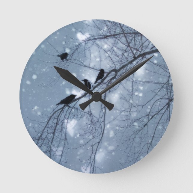 Blue Willowy Snow Crows Round Clock (Front)