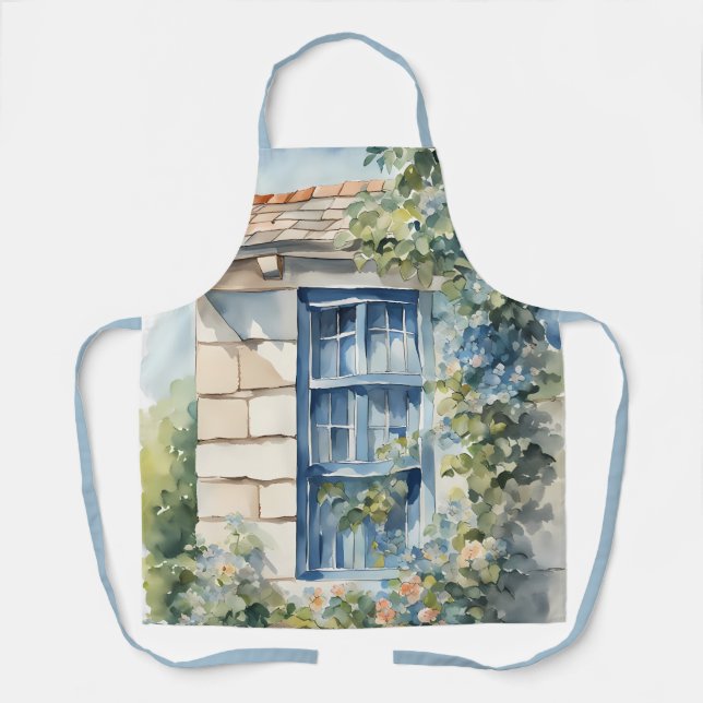 Blue Window Stone Wall Cottage Vines Apron (Front)