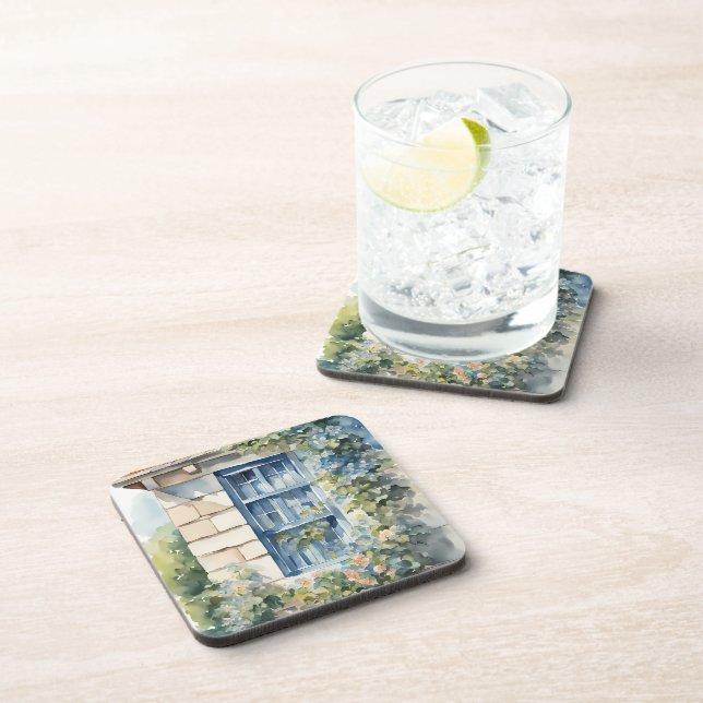 Blue Window Stone Wall Cottage Vines Beverage Coaster (Right Side)