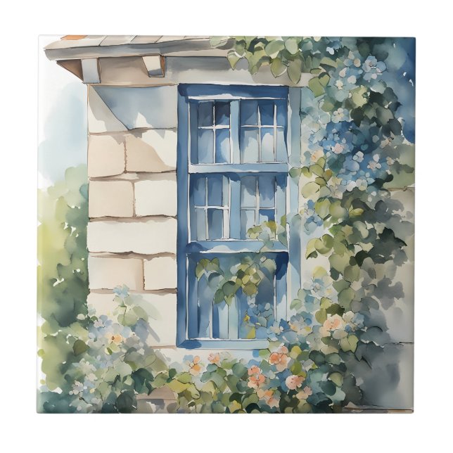 Blue Window Stone Wall Cottage Vines Ceramic Tile (Front)