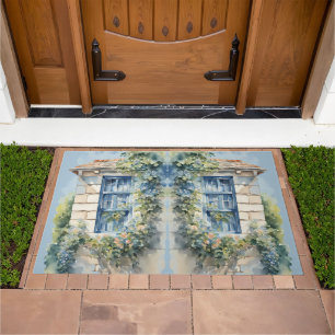 Blue Window Stone Wall Cottage Vines Doormat