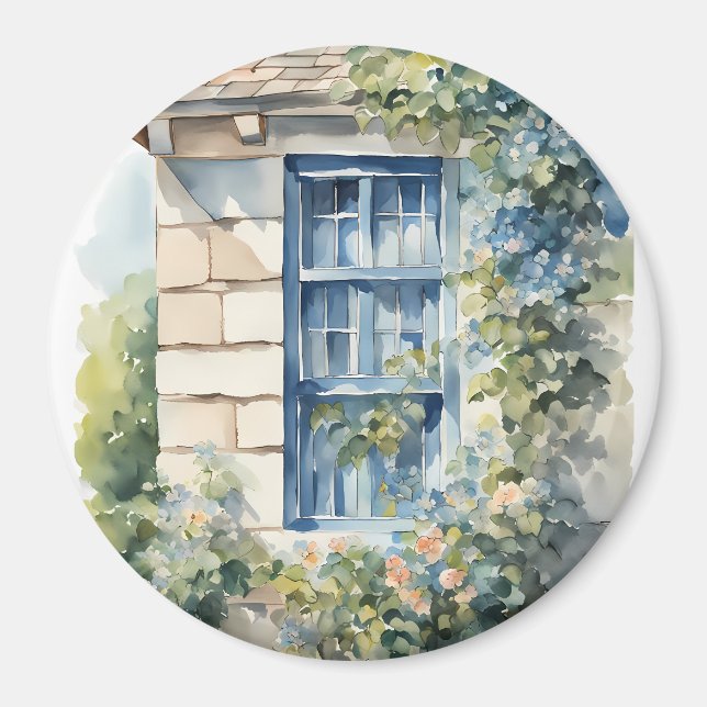 Blue Window Stone Wall Cottage Vines Magnet (Front)
