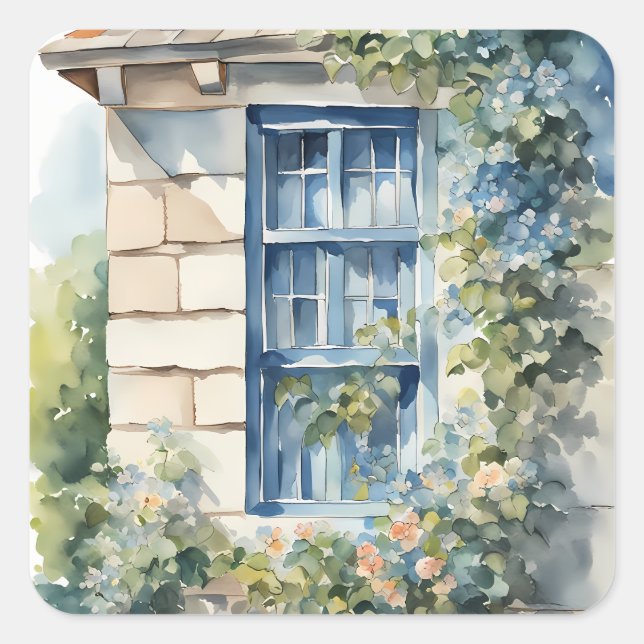 Blue Window Stone Wall Cottage Vines Square Sticker (Front)