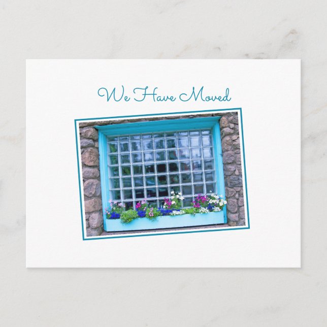 Blue Window We Have Moved Colorful Flower Box Postcard (Front)