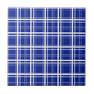 Blue Windowpane Plaid Grid Stripes Pattern Design Ceramic Tile
