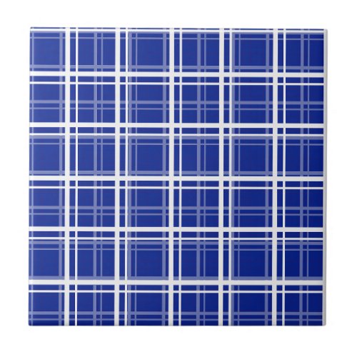 Blue Windowpane Plaid Grid Stripes Pattern Design Ceramic Tile