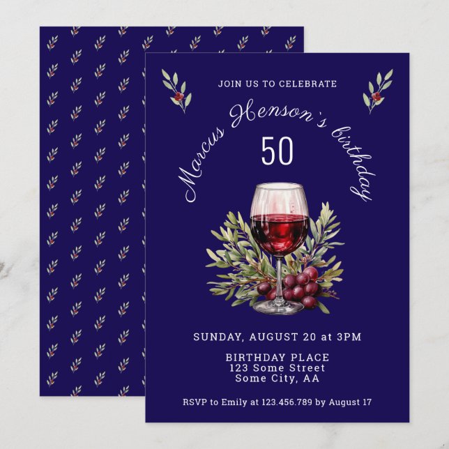 Blue Wine Glass Olive Watercolor 50th Birthday  Invitation (Front/Back)