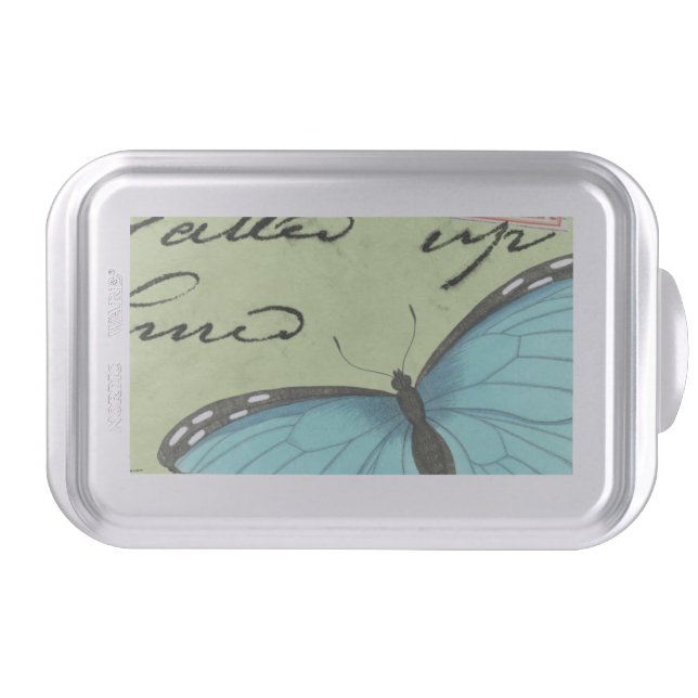 Blue-Winged Butterfly on Teal Postcard Cake Pan (Front)