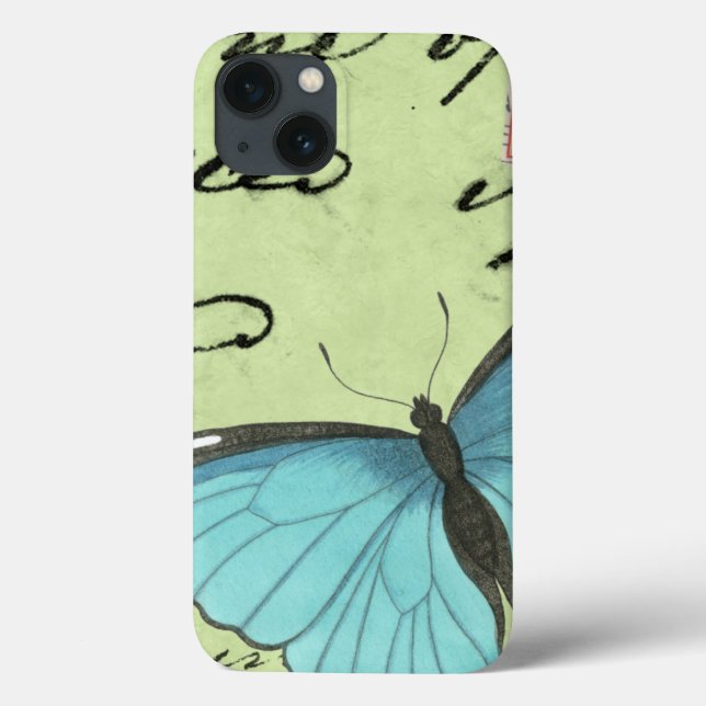 Blue-Winged Butterfly on Teal Postcard Case-Mate iPhone Case (Back)
