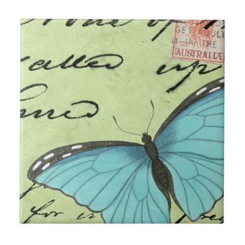 Blue_Winged Butterfly on Teal Postcard Ceramic Tile