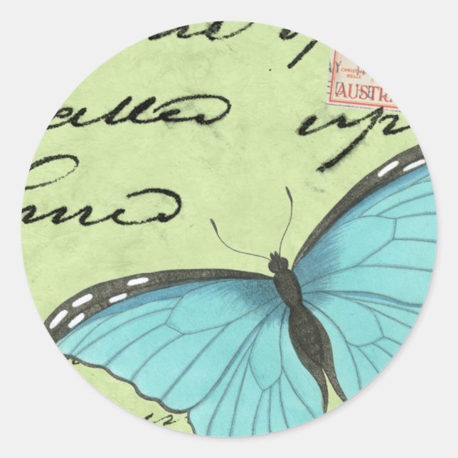 Blue-Winged Butterfly on Teal Postcard Classic Round Sticker (Front)