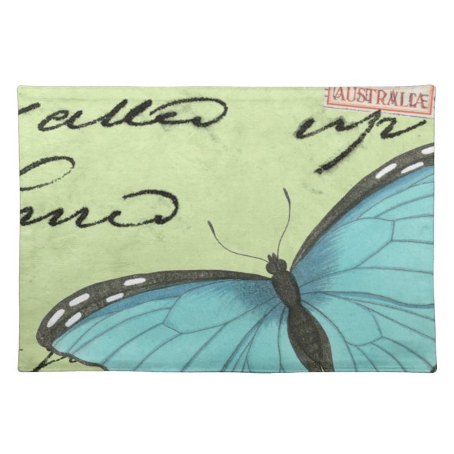 Blue-Winged Butterfly on Teal Postcard Cloth Placemat (Front)