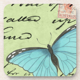 Blue-Winged Butterfly on Teal Postcard Coaster