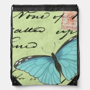Blue-Winged Butterfly on Teal Postcard Drawstring Bag