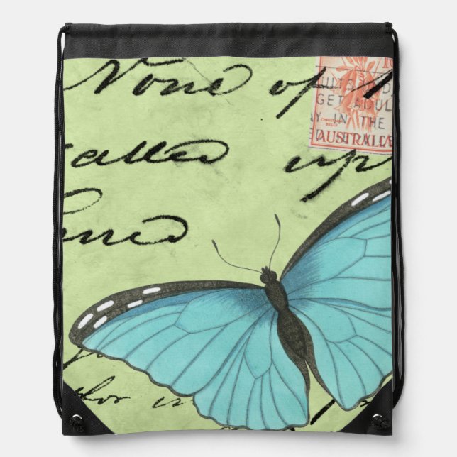 Blue-Winged Butterfly on Teal Postcard Drawstring Bag (Front)