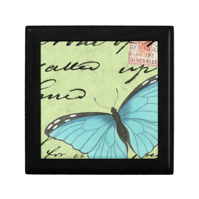 Blue-Winged Butterfly on Teal Postcard Gift Box (Front)
