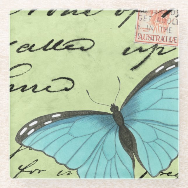 Blue-Winged Butterfly on Teal Postcard Glass Coaster (Front)