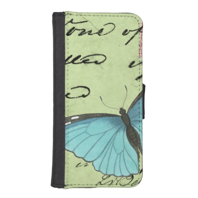 Blue-Winged Butterfly on Teal Postcard iPhone Wallet Case (Front)