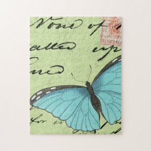 Blue-Winged Butterfly on Teal Postcard Jigsaw Puzzle