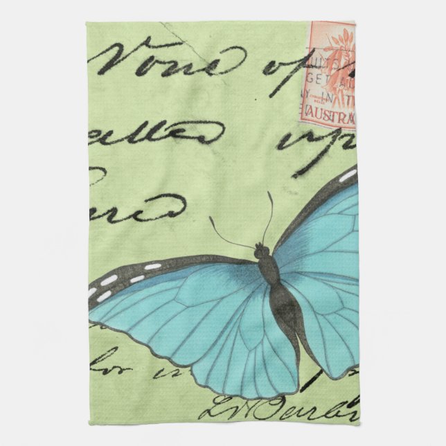 Blue-Winged Butterfly on Teal Postcard Kitchen Towel (Vertical)