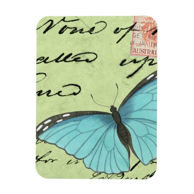 Blue-Winged Butterfly on Teal Postcard Magnet (Vertical)