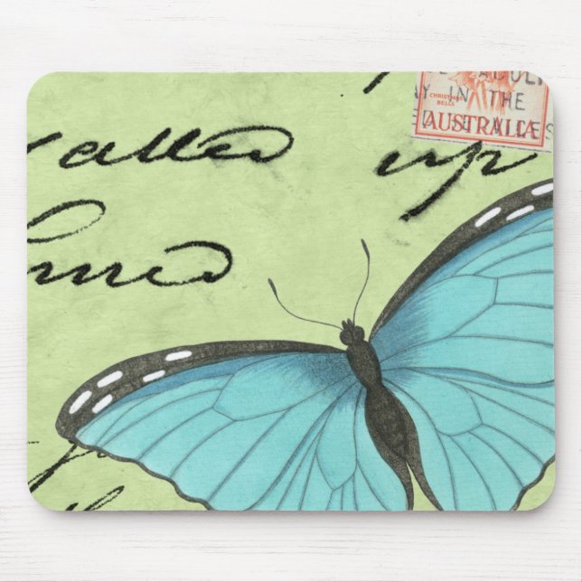Blue-Winged Butterfly on Teal Postcard Mouse Pad (Front)