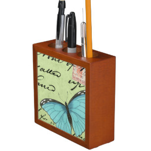 Blue-Winged Butterfly on Teal Postcard Pencil/Pen Holder