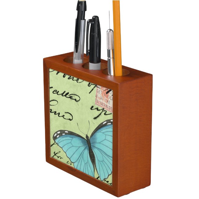 Blue-Winged Butterfly on Teal Postcard Pencil/Pen Holder (In Situ)