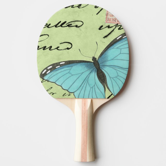 Blue-Winged Butterfly on Teal Postcard Ping-Pong Paddle (Front)