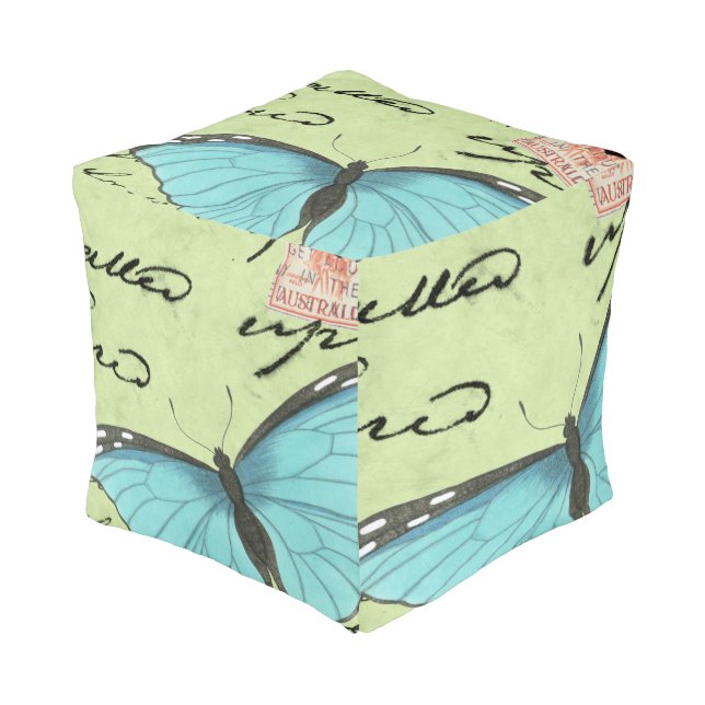 Blue-Winged Butterfly on Teal Postcard Pouf (Angled Front)