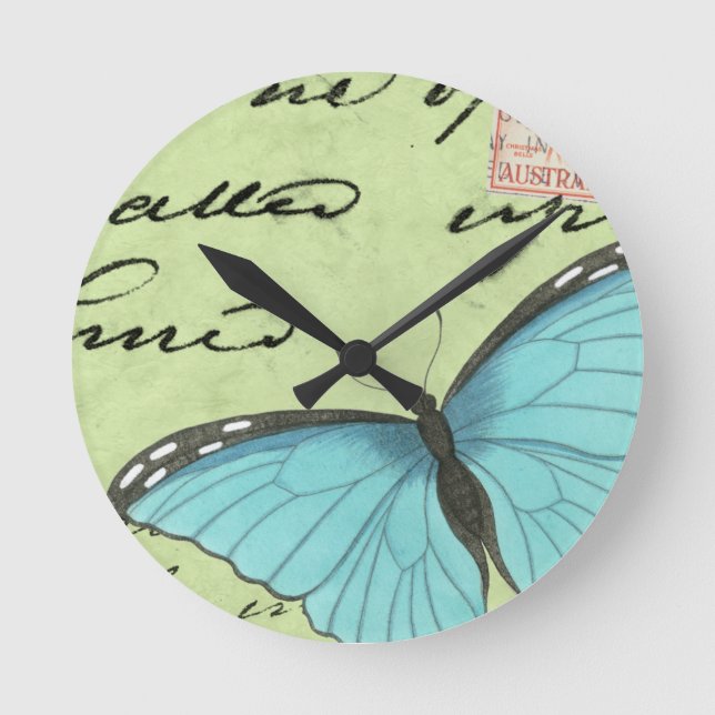Blue-Winged Butterfly on Teal Postcard Round Clock (Front)