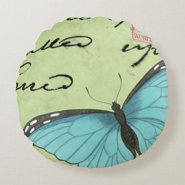 Blue-Winged Butterfly on Teal Postcard Round Pillow (Front)