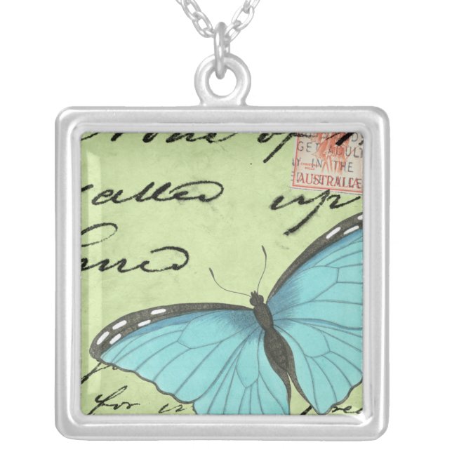 Blue-Winged Butterfly on Teal Postcard Silver Plated Necklace (Front)
