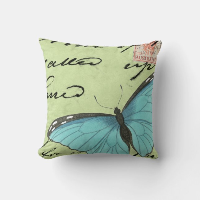 Blue-Winged Butterfly on Teal Postcard Throw Pillow (Front)