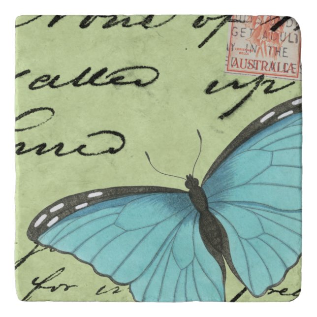Blue-Winged Butterfly on Teal Postcard Trivet (Front)